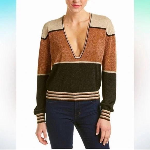 FREE PEOPLE Gold Dust Colorblock Pullover
Plunge Sweater Metallic Sz XS - Picture 10 of 11